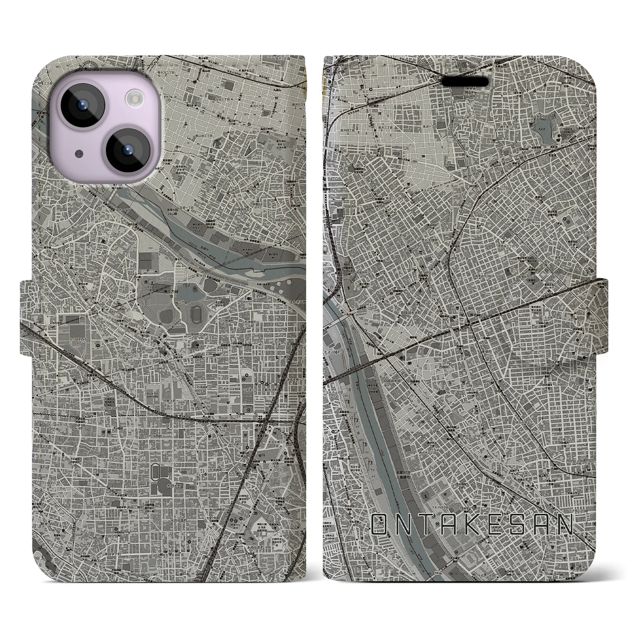 【御嶽山(東京都)】地図柄iPhoneケース(手帳タイプ)モノトーン・iPhone 14 用