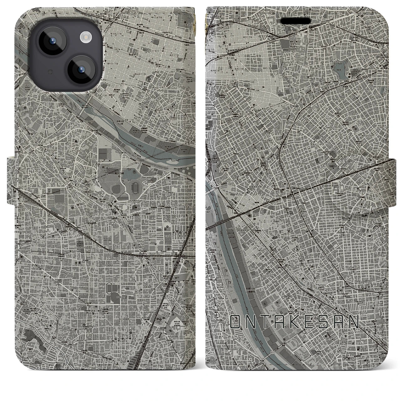 【御嶽山(東京都)】地図柄iPhoneケース(手帳タイプ)モノトーン・iPhone 14 Plus 用