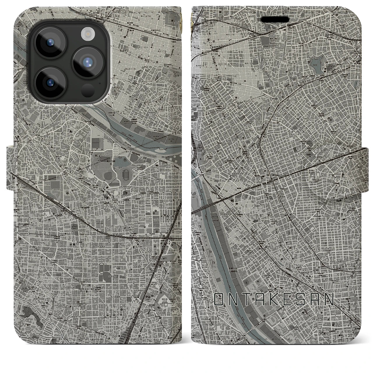 【御嶽山(東京都)】地図柄iPhoneケース(手帳タイプ)モノトーン・iPhone 15 Pro Max 用
