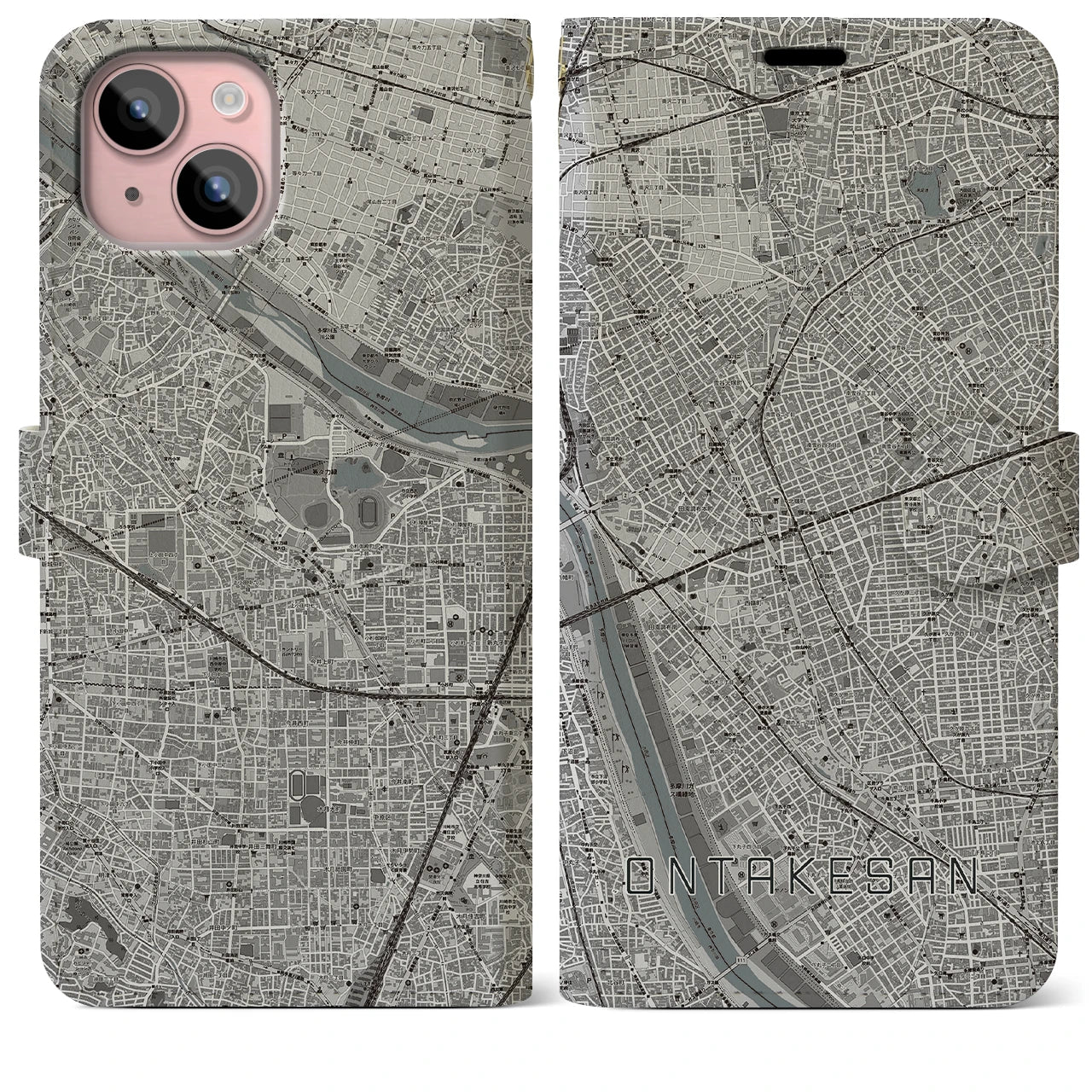 【御嶽山(東京都)】地図柄iPhoneケース(手帳タイプ)モノトーン・iPhone 15 Plus 用