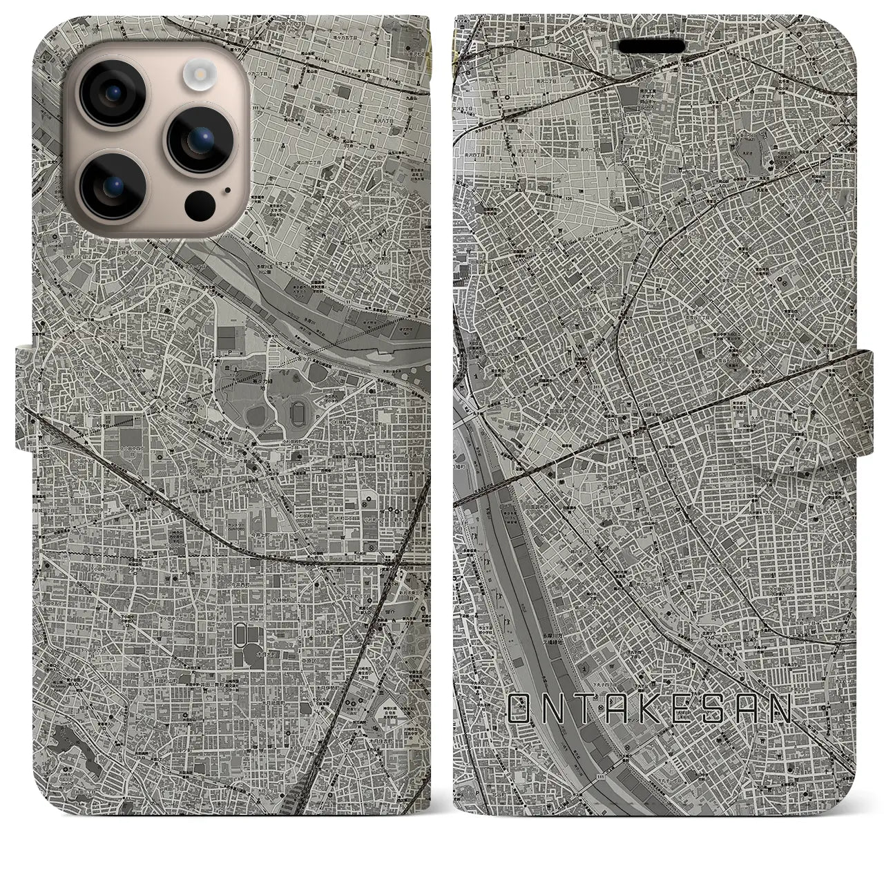 【御嶽山(東京都)】地図柄iPhoneケース(手帳タイプ)モノトーン・iPhone 16 Plus 用