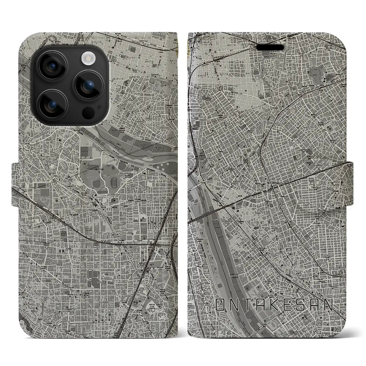 【御嶽山(東京都)】地図柄iPhoneケース(手帳タイプ)モノトーン・iPhone 16 用