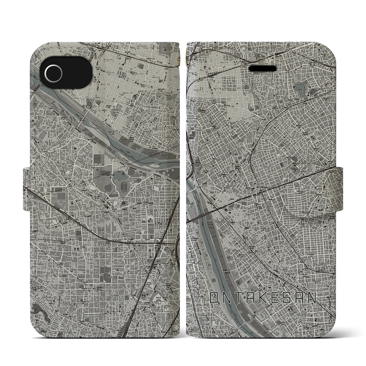 【御嶽山(東京都)】地図柄iPhoneケース(手帳タイプ)モノトーン・iPhone SE(第3 / 第2世代) / 8 / 7 / 6s / 6 用