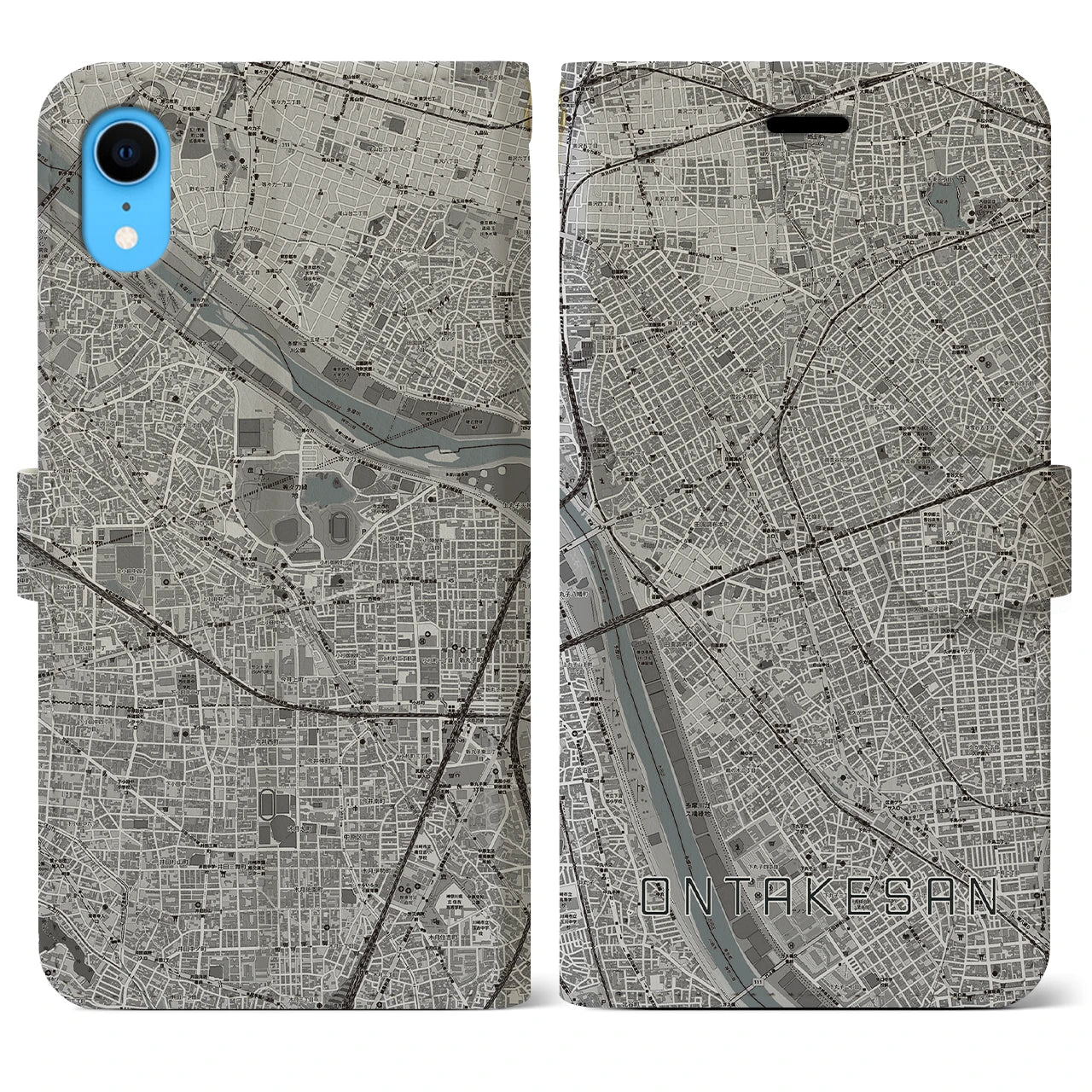 【御嶽山(東京都)】地図柄iPhoneケース(手帳タイプ)モノトーン・iPhone XR 用