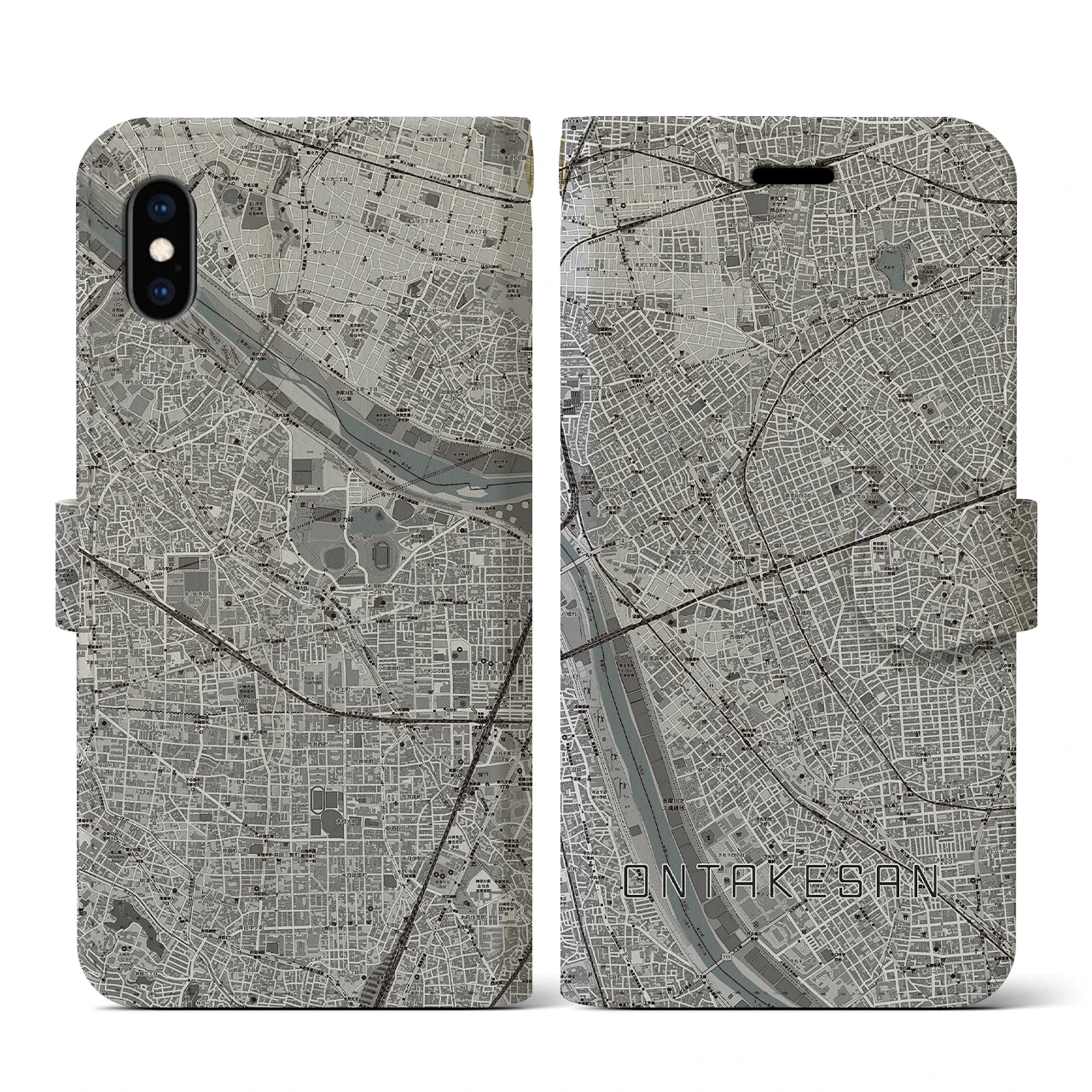 【御嶽山(東京都)】地図柄iPhoneケース(手帳タイプ)モノトーン・iPhone XS / X 用