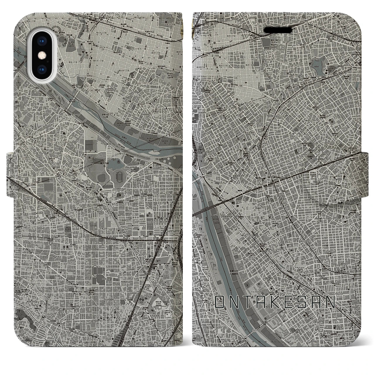 【御嶽山(東京都)】地図柄iPhoneケース(手帳タイプ)モノトーン・iPhone XS Max 用