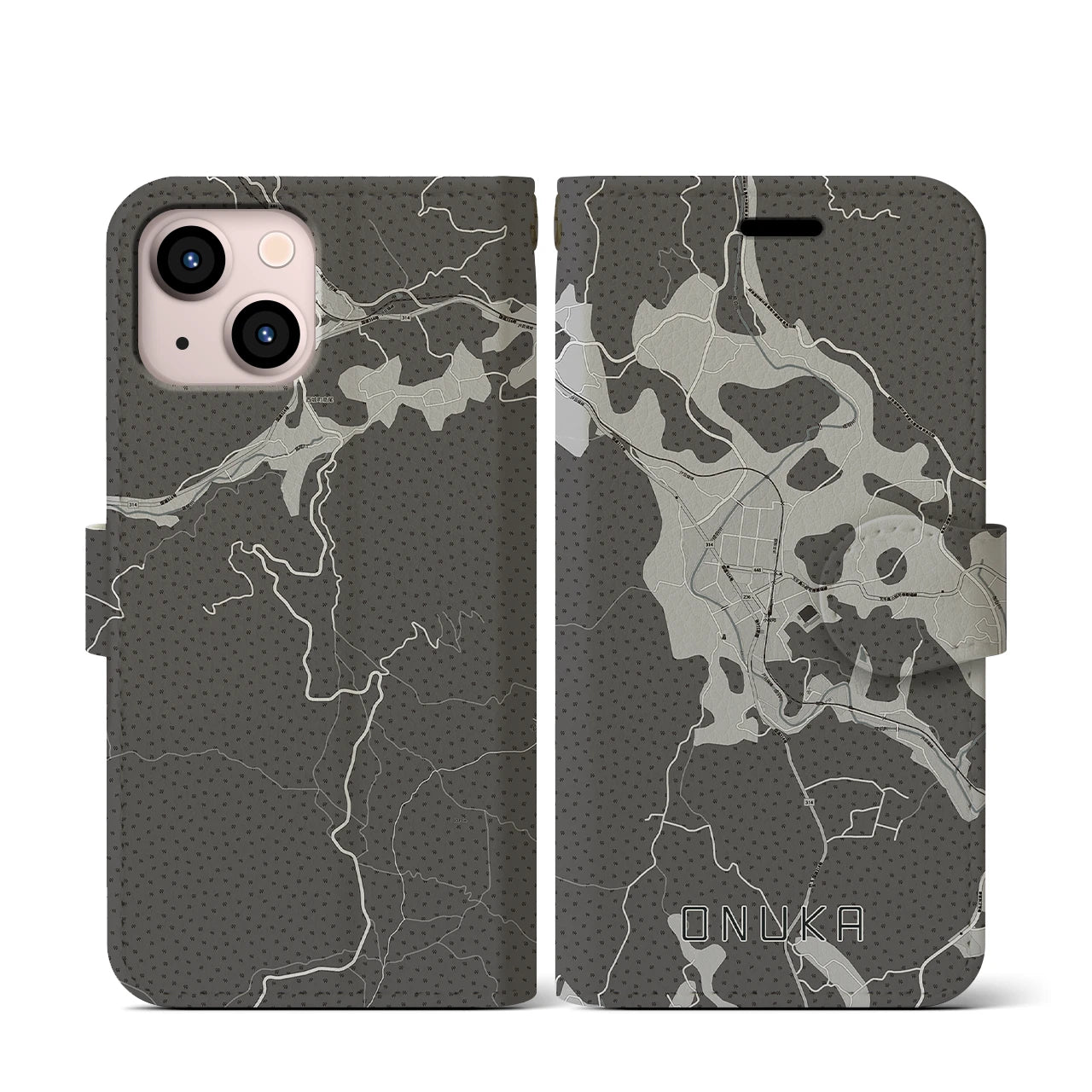 【小奴可(広島県)】地図柄iPhoneケース(手帳タイプ)モノトーン・iPhone 13 mini 用