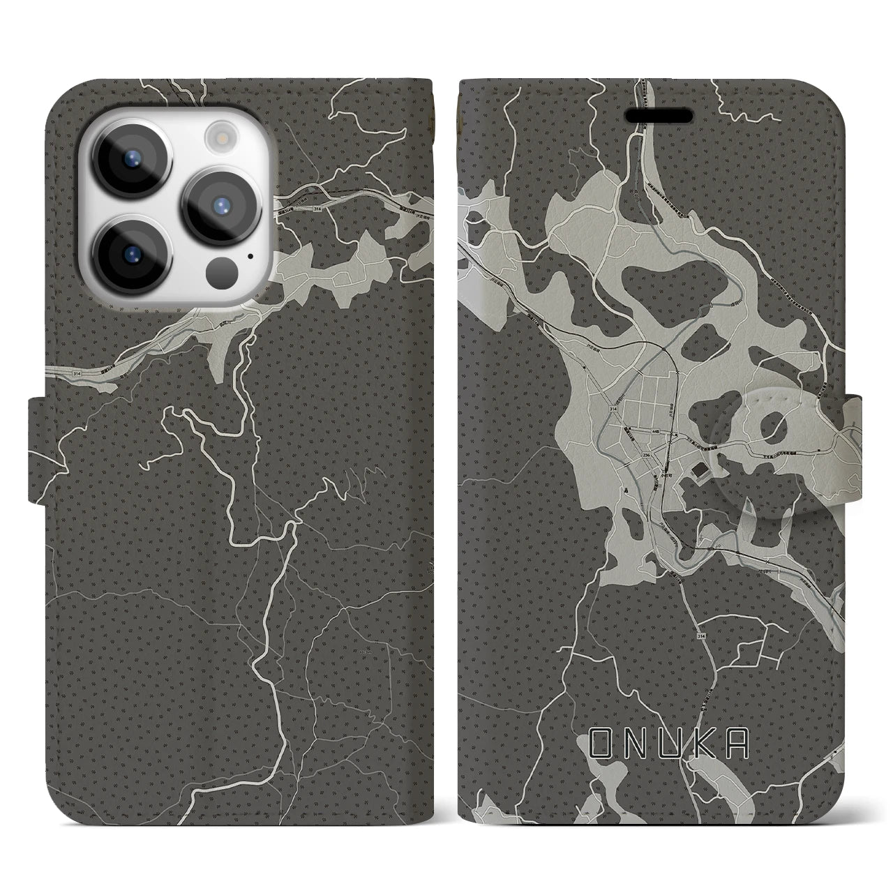 【小奴可(広島県)】地図柄iPhoneケース(手帳タイプ)モノトーン・iPhone 14 Pro 用
