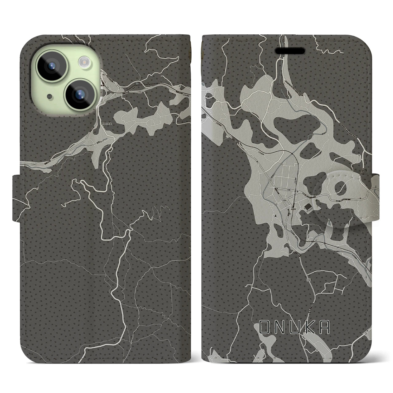 【小奴可(広島県)】地図柄iPhoneケース(手帳タイプ)モノトーン・iPhone 15 用