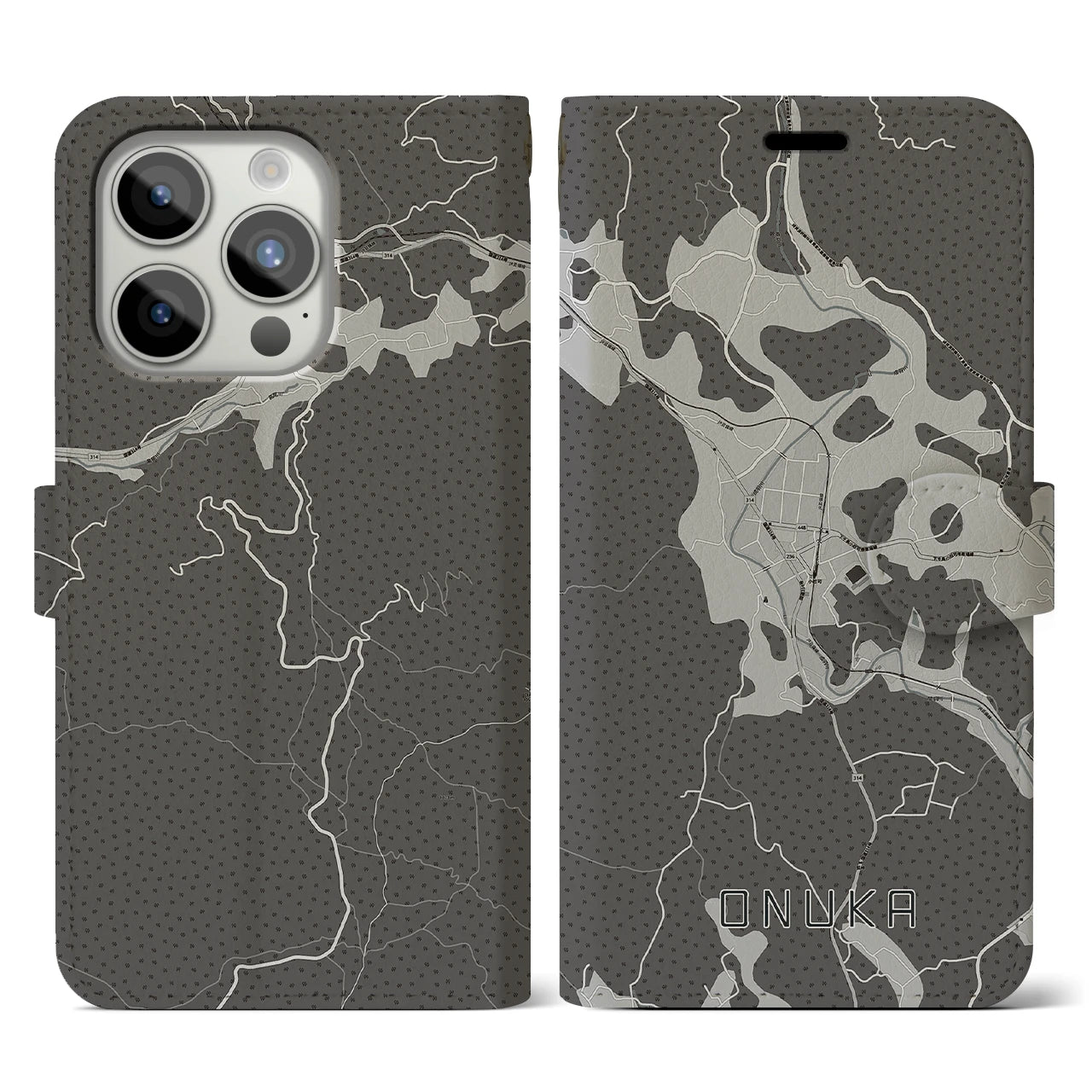 【小奴可(広島県)】地図柄iPhoneケース(手帳タイプ)モノトーン・iPhone 15 Pro 用