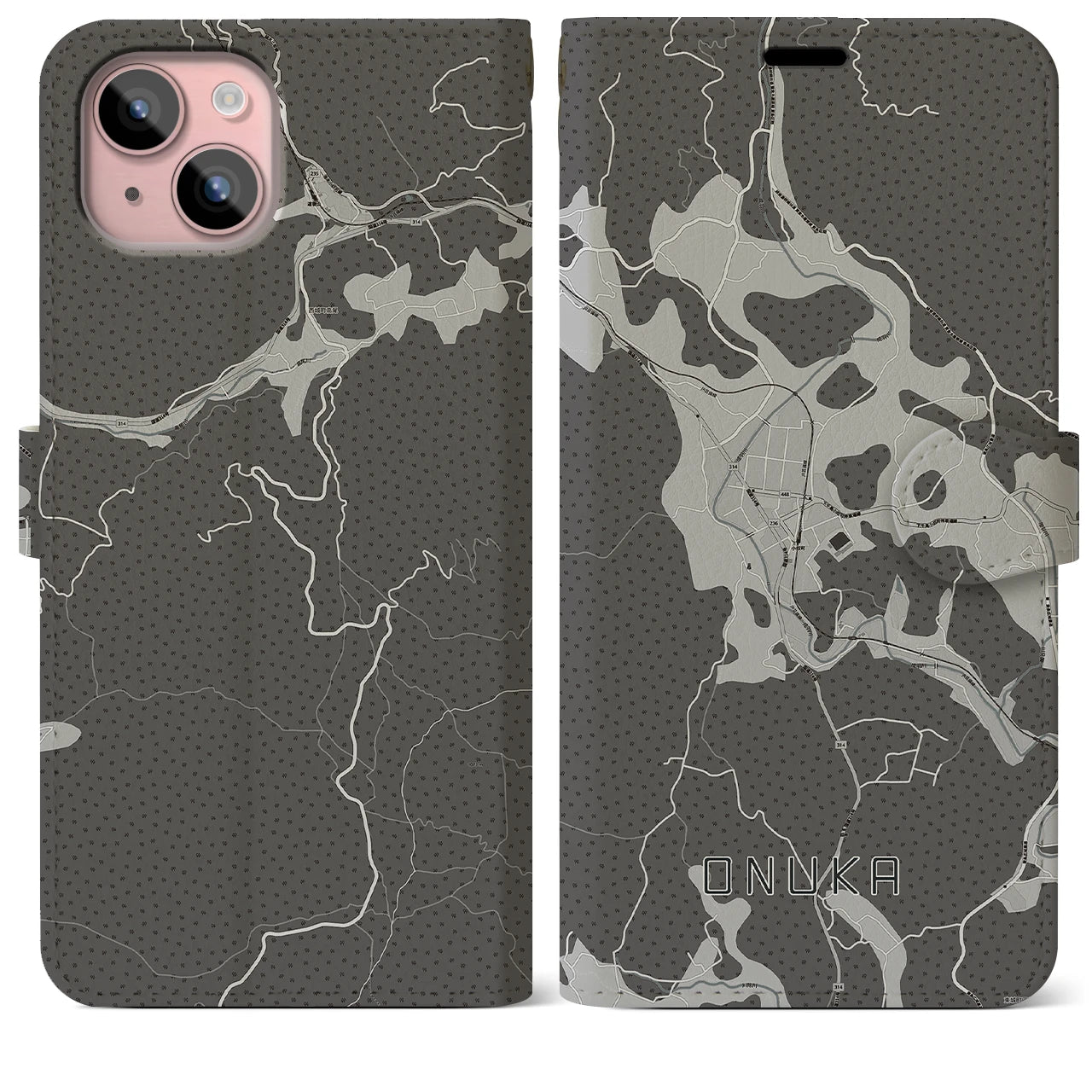 【小奴可(広島県)】地図柄iPhoneケース(手帳タイプ)モノトーン・iPhone 15 Plus 用