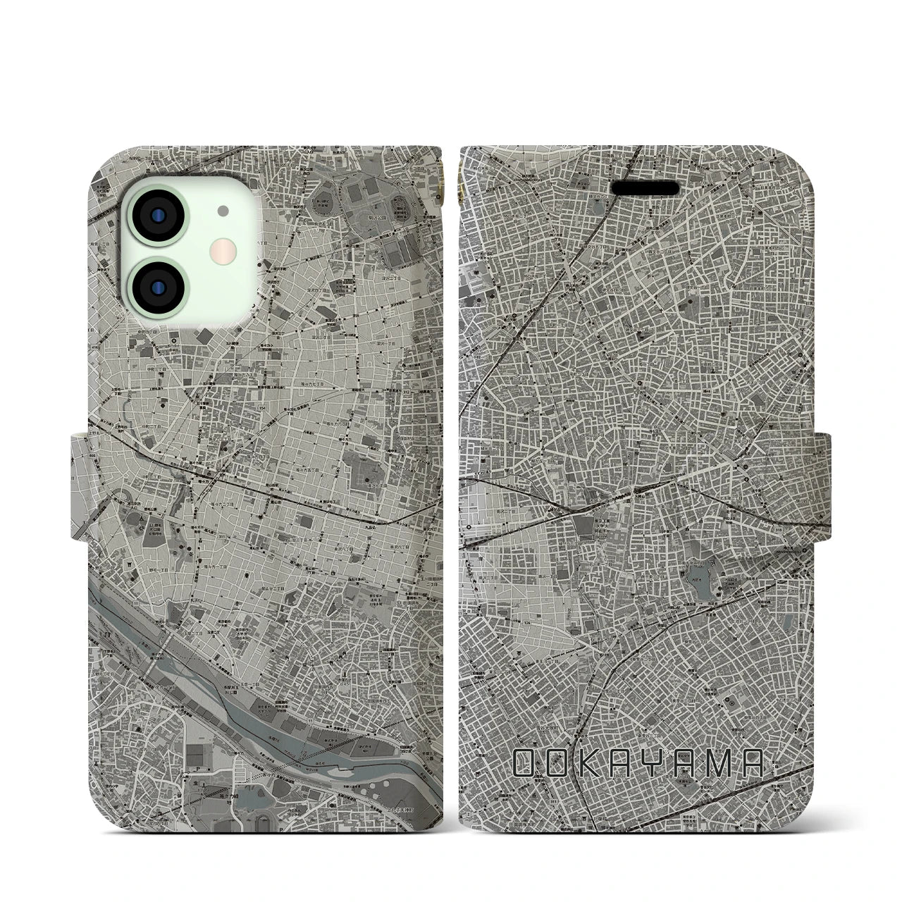 【大岡山(東京都)】地図柄iPhoneケース(手帳タイプ)モノトーン・iPhone 12 mini 用