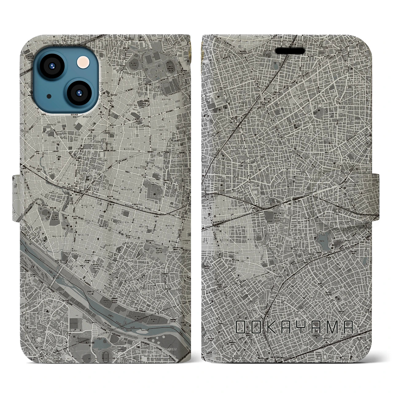 【大岡山(東京都)】地図柄iPhoneケース(手帳タイプ)モノトーン・iPhone 13 用