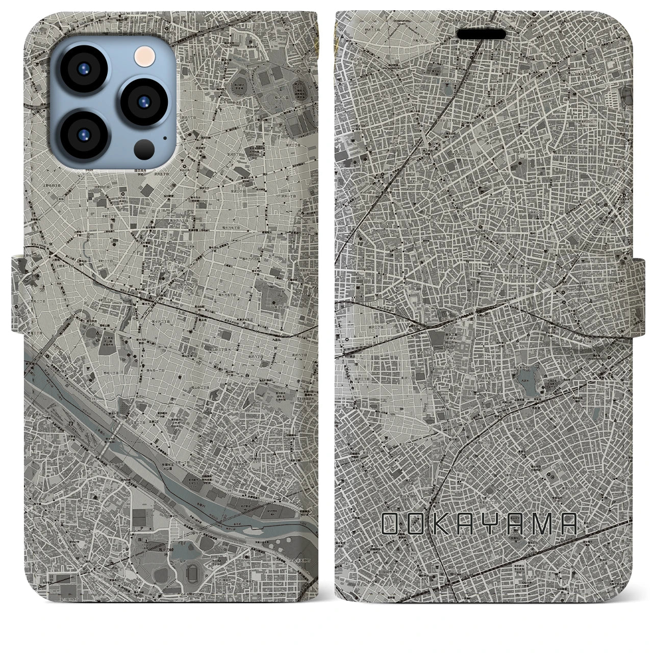 【大岡山(東京都)】地図柄iPhoneケース(手帳タイプ)モノトーン・iPhone 13 Pro Max 用