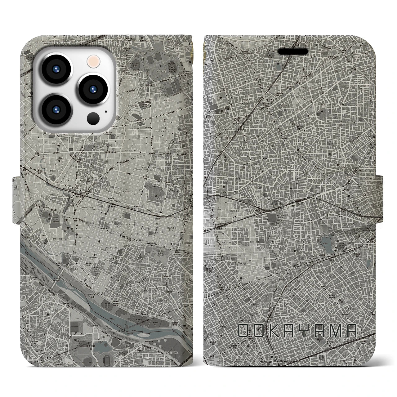 【大岡山(東京都)】地図柄iPhoneケース(手帳タイプ)モノトーン・iPhone 13 Pro 用