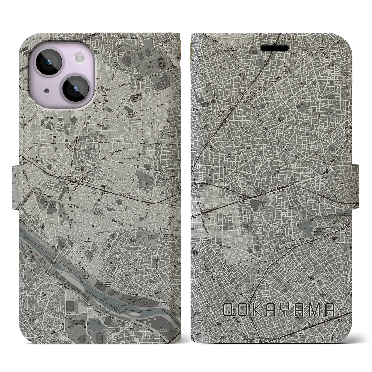 【大岡山(東京都)】地図柄iPhoneケース(手帳タイプ)モノトーン・iPhone 14 用
