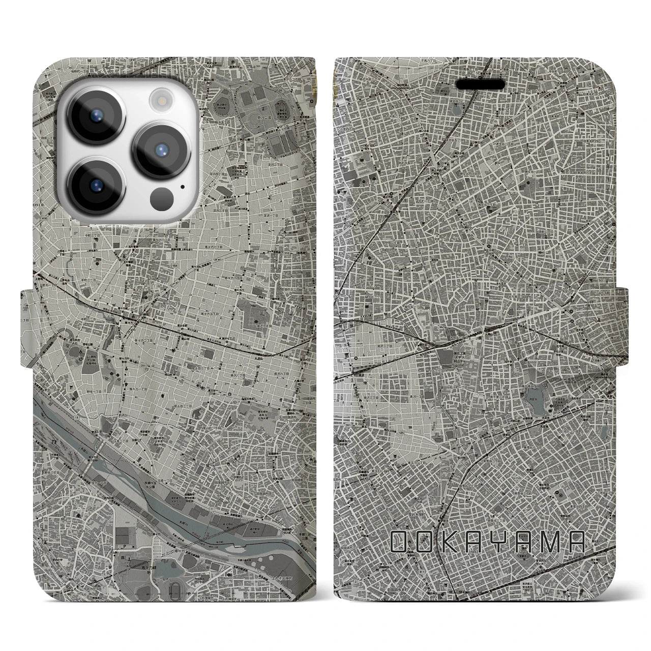 【大岡山(東京都)】地図柄iPhoneケース(手帳タイプ)モノトーン・iPhone 14 Pro 用