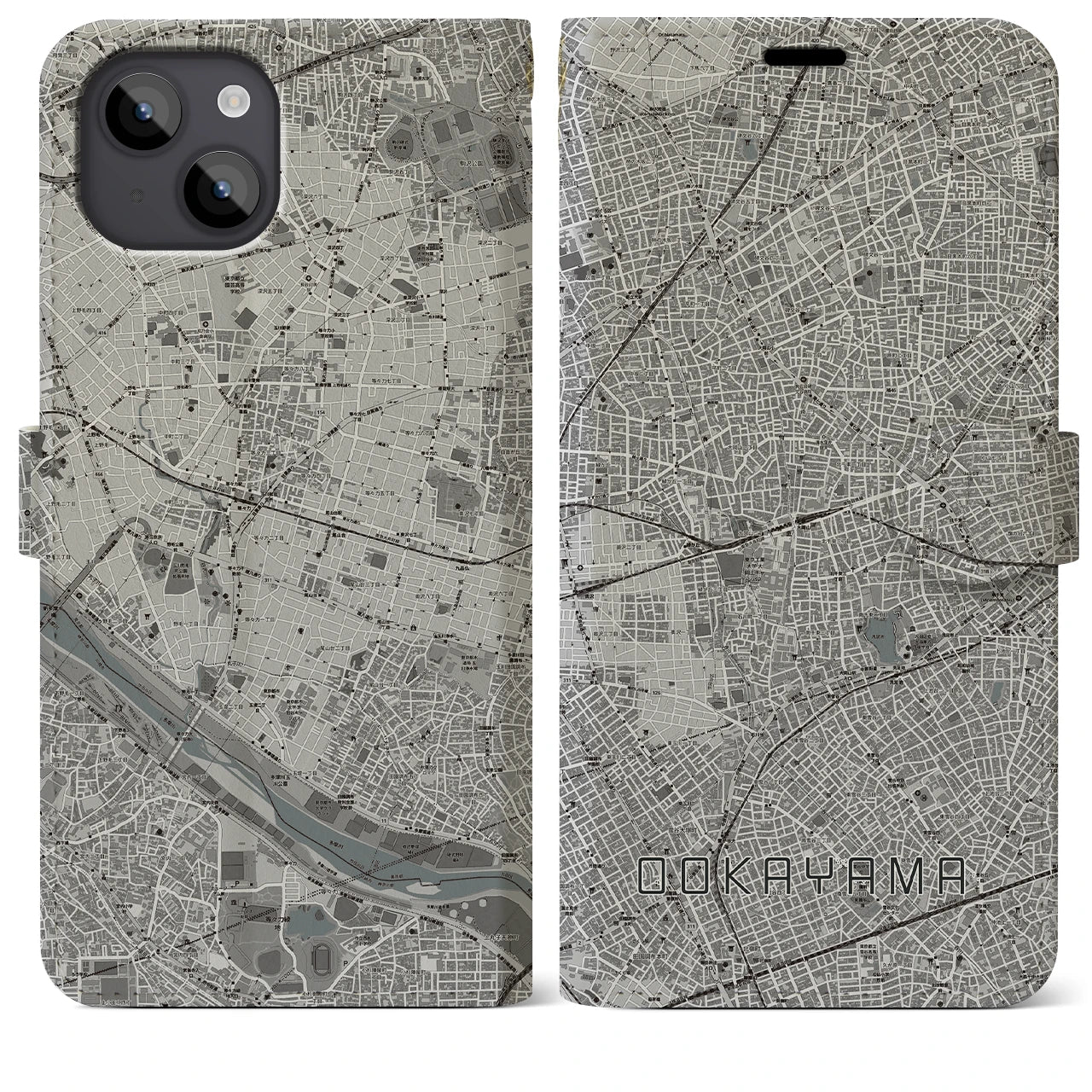 【大岡山(東京都)】地図柄iPhoneケース(手帳タイプ)モノトーン・iPhone 14 Plus 用
