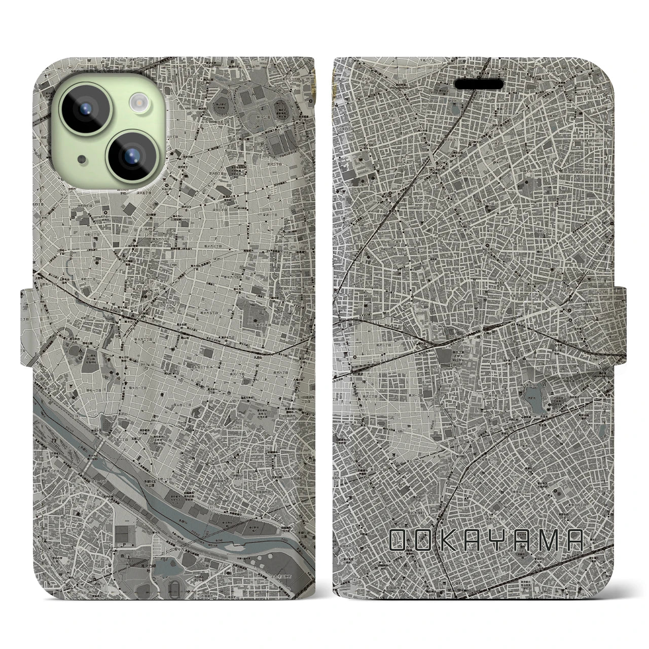 【大岡山(東京都)】地図柄iPhoneケース(手帳タイプ)モノトーン・iPhone 15 用