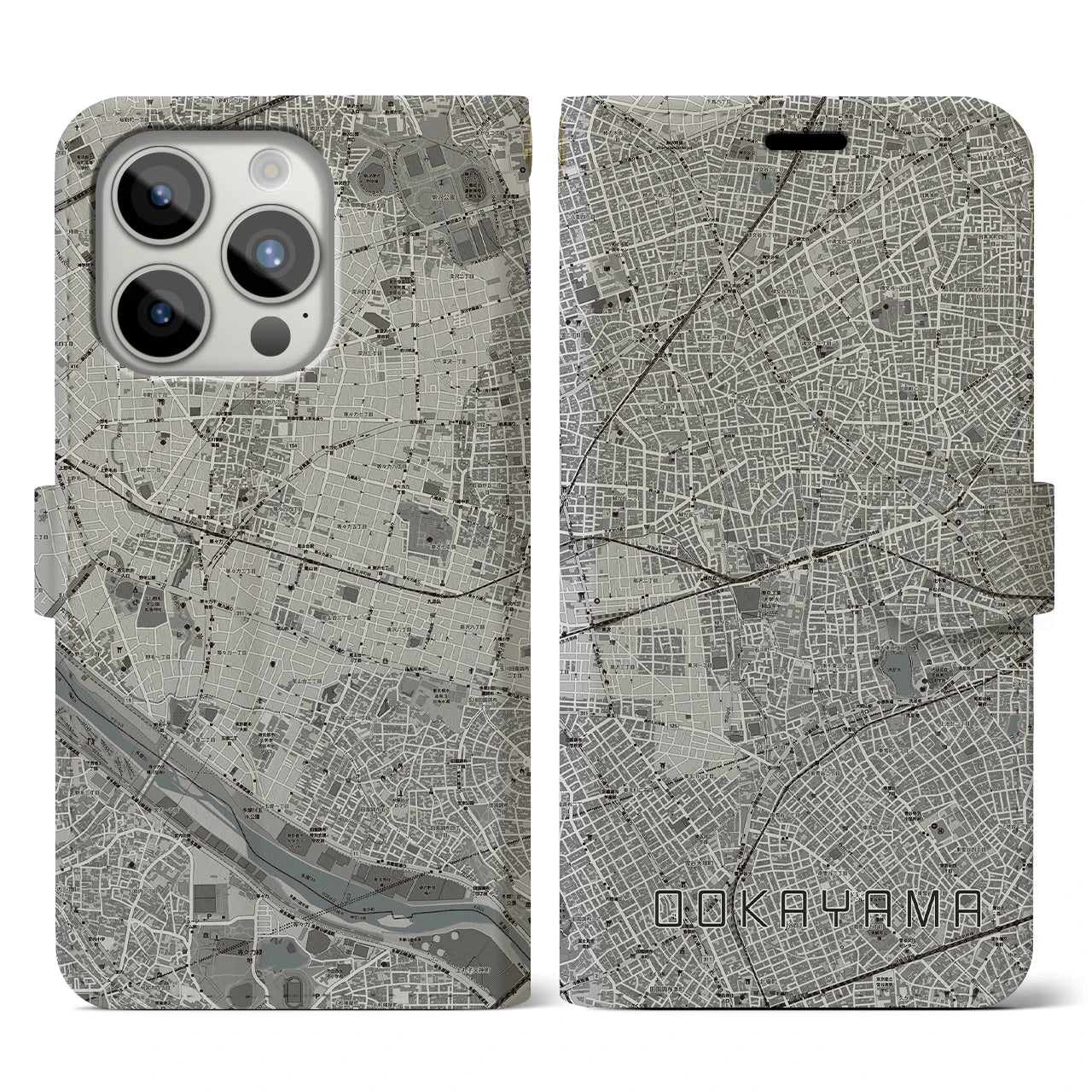 【大岡山(東京都)】地図柄iPhoneケース(手帳タイプ)モノトーン・iPhone 15 Pro 用