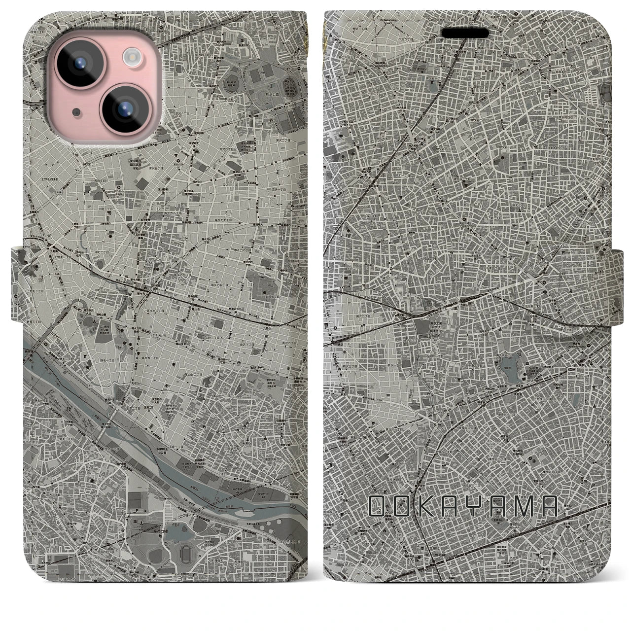 【大岡山(東京都)】地図柄iPhoneケース(手帳タイプ)モノトーン・iPhone 15 Plus 用