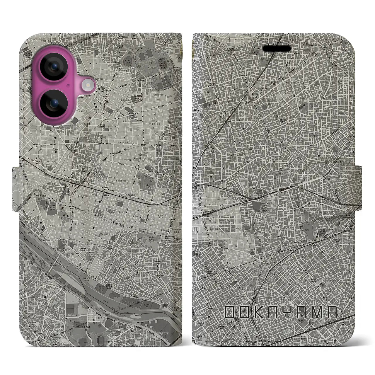 【大岡山(東京都)】地図柄iPhoneケース(手帳タイプ)モノトーン・iPhone 16 Pro 用