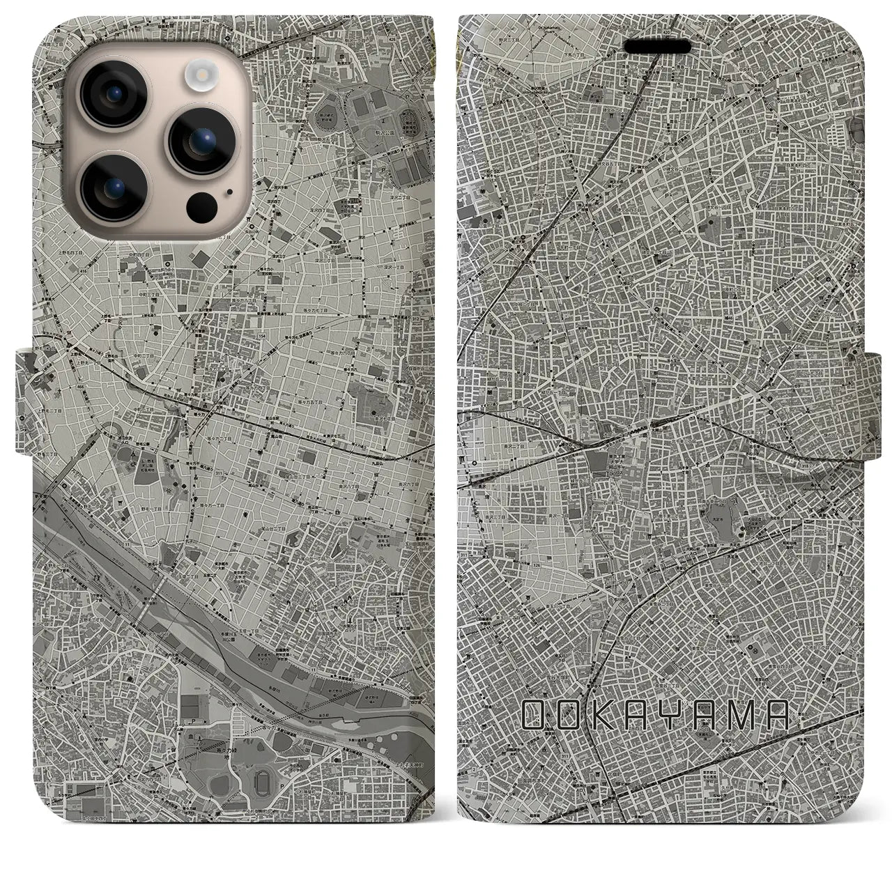 【大岡山(東京都)】地図柄iPhoneケース(手帳タイプ)モノトーン・iPhone 16 Plus 用