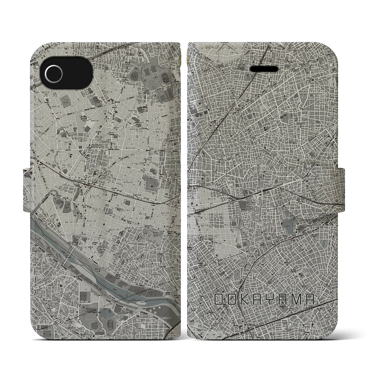 【大岡山(東京都)】地図柄iPhoneケース(手帳タイプ)モノトーン・iPhone SE(第3 / 第2世代) / 8 / 7 / 6s / 6 用