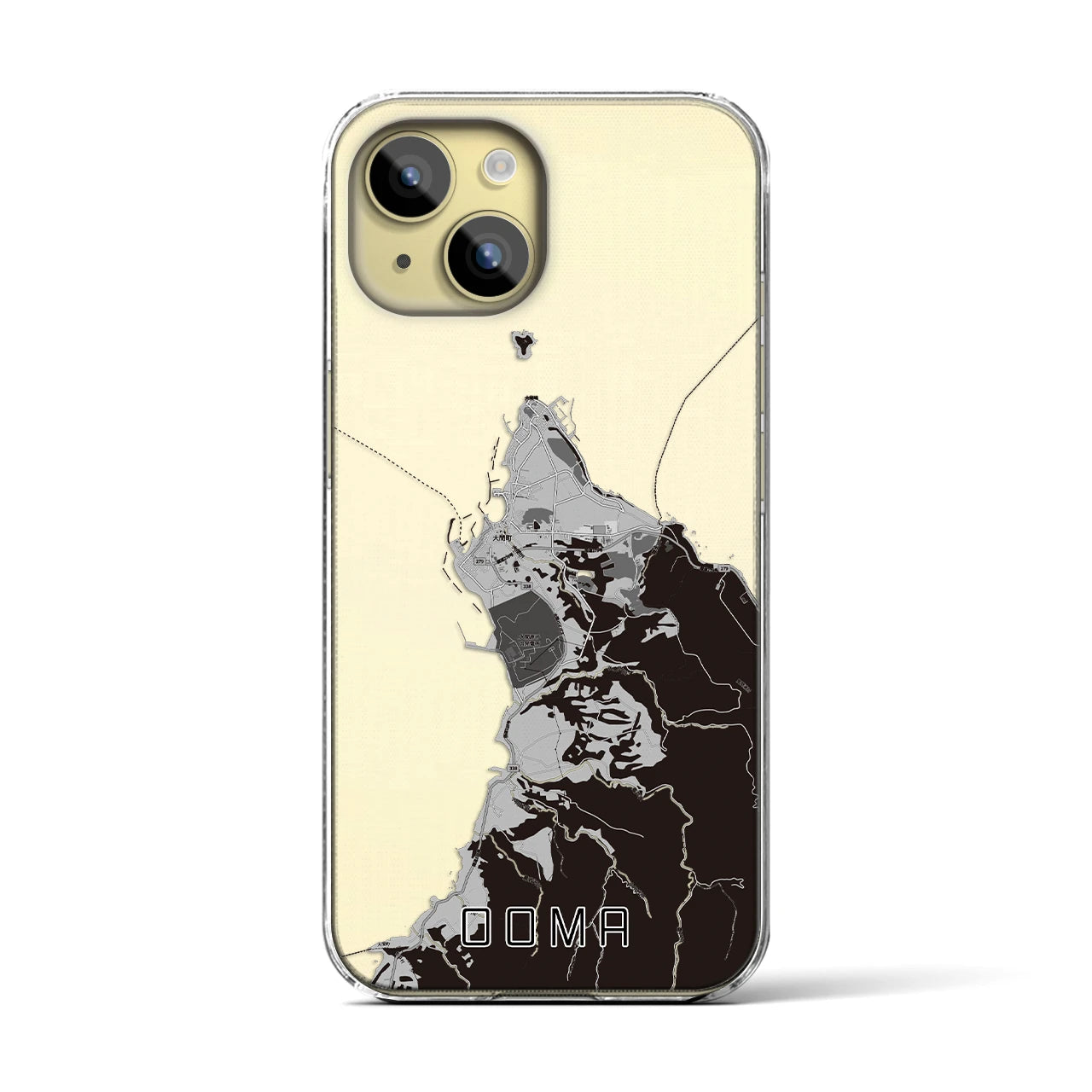 【大間(青森県)】地図柄iPhoneケース(クリアタイプ)モノトーン・iPhone 15 用