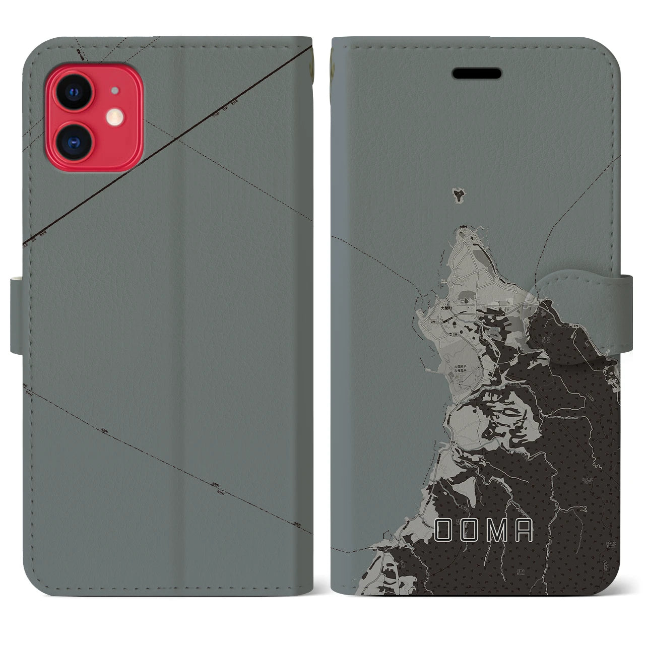 【大間(青森県)】地図柄iPhoneケース(手帳タイプ)モノトーン・iPhone 11 用