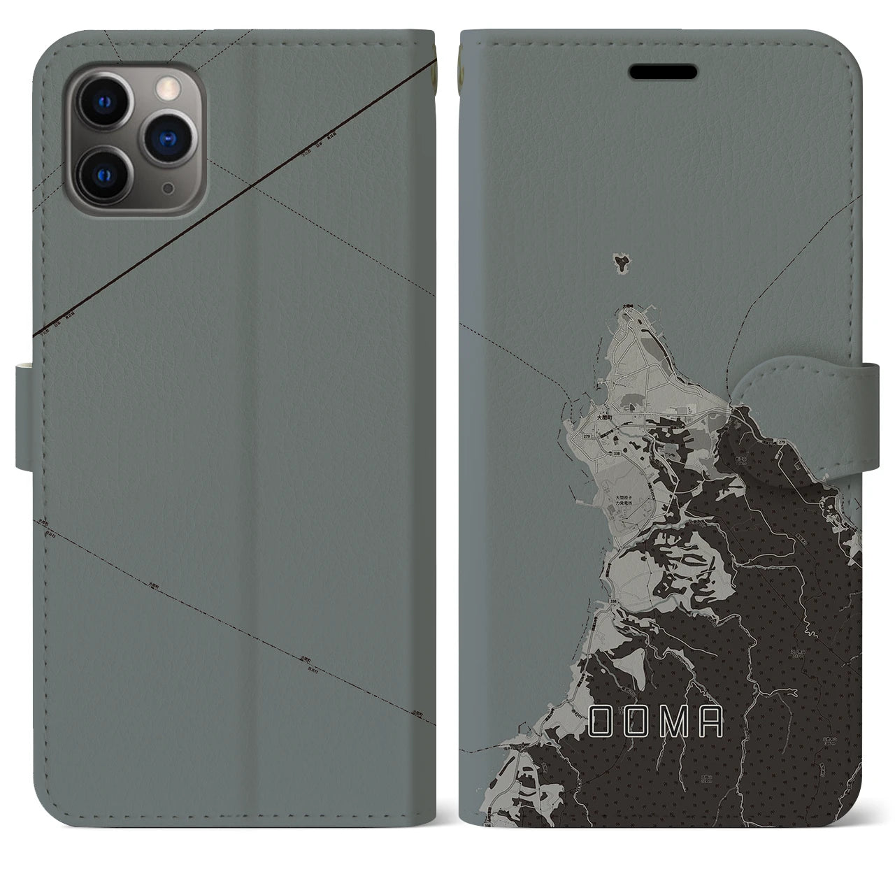 【大間(青森県)】地図柄iPhoneケース(手帳タイプ)モノトーン・iPhone 11 Pro Max 用