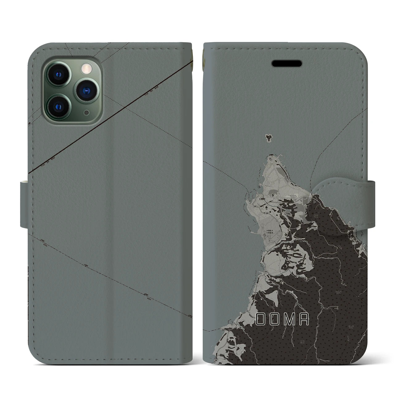 【大間(青森県)】地図柄iPhoneケース(手帳タイプ)モノトーン・iPhone 11 Pro 用