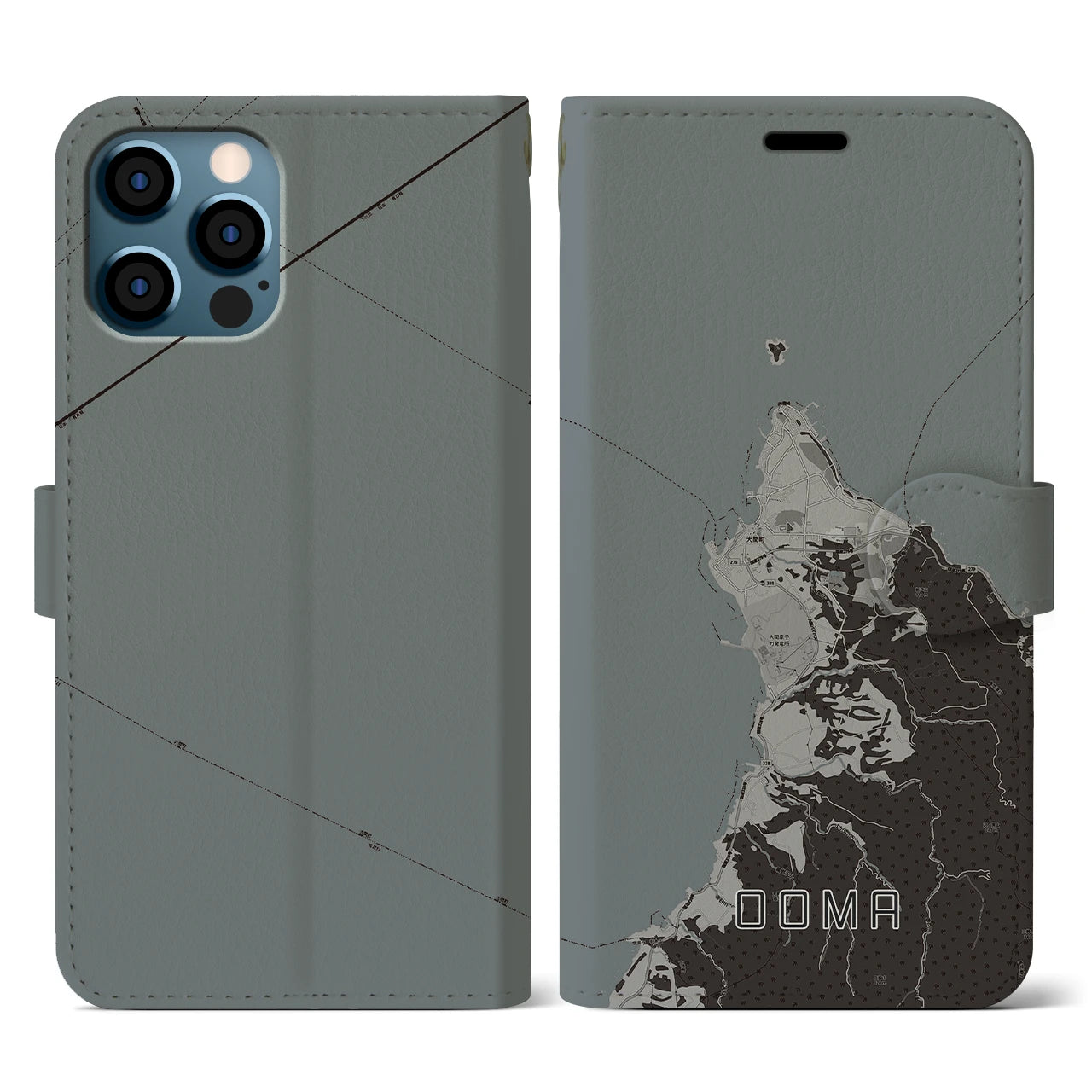 【大間(青森県)】地図柄iPhoneケース(手帳タイプ)モノトーン・iPhone 12 / 12 Pro 用
