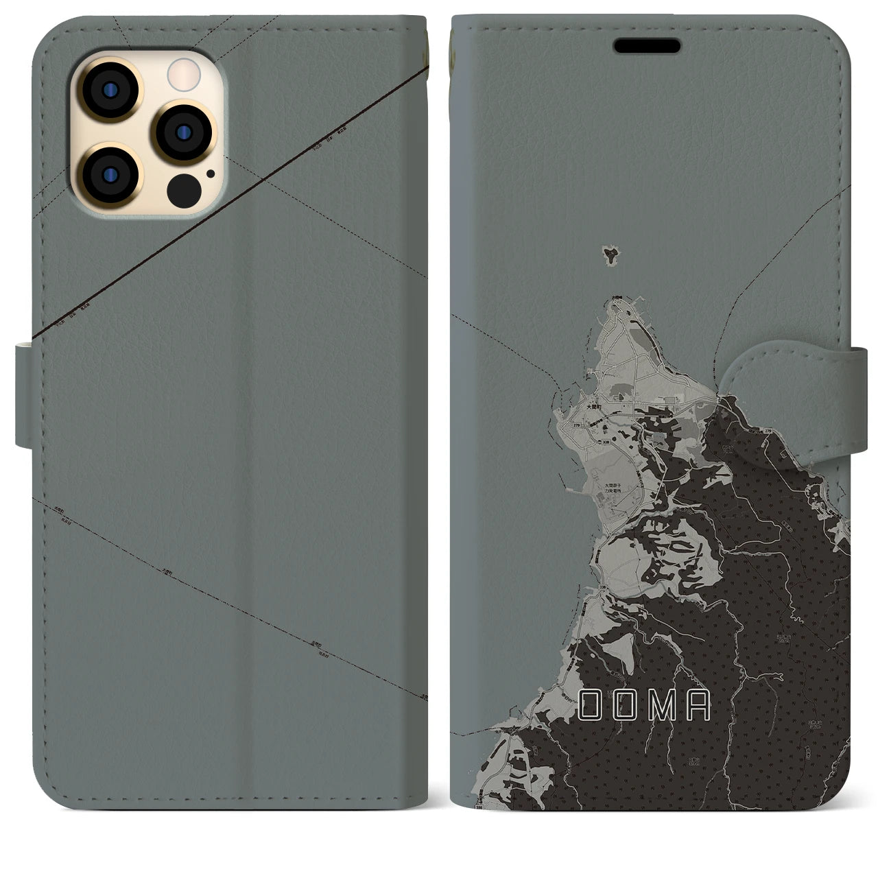 【大間(青森県)】地図柄iPhoneケース(手帳タイプ)モノトーン・iPhone 12 Pro Max 用