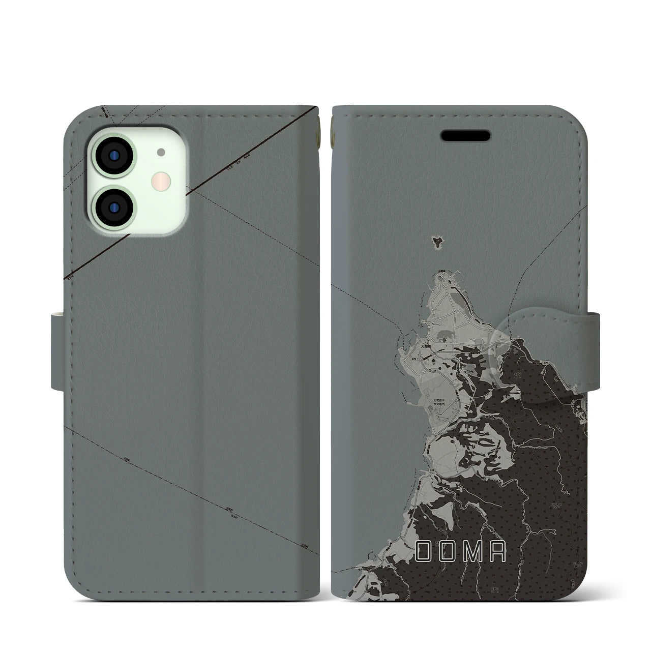 【大間(青森県)】地図柄iPhoneケース(手帳タイプ)モノトーン・iPhone 12 mini 用