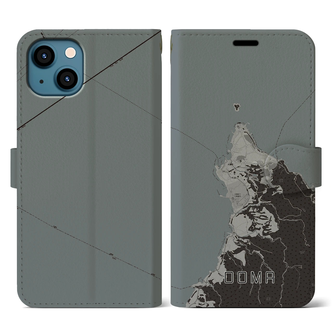 【大間(青森県)】地図柄iPhoneケース(手帳タイプ)モノトーン・iPhone 13 用
