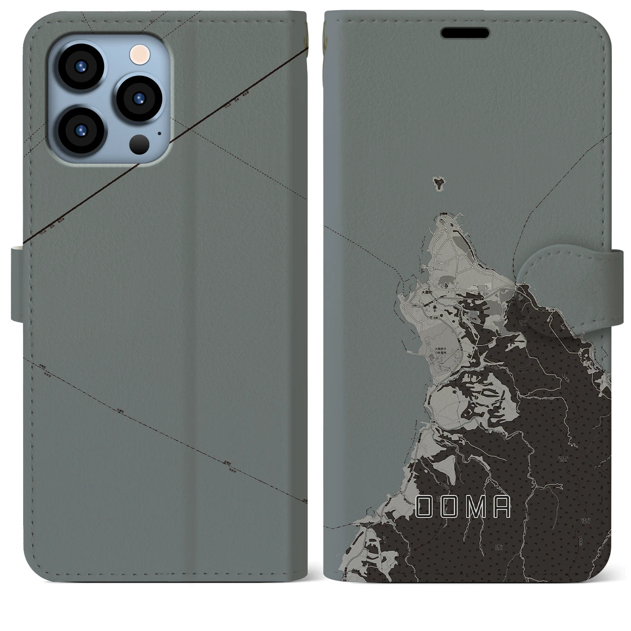 【大間(青森県)】地図柄iPhoneケース(手帳タイプ)モノトーン・iPhone 13 Pro Max 用