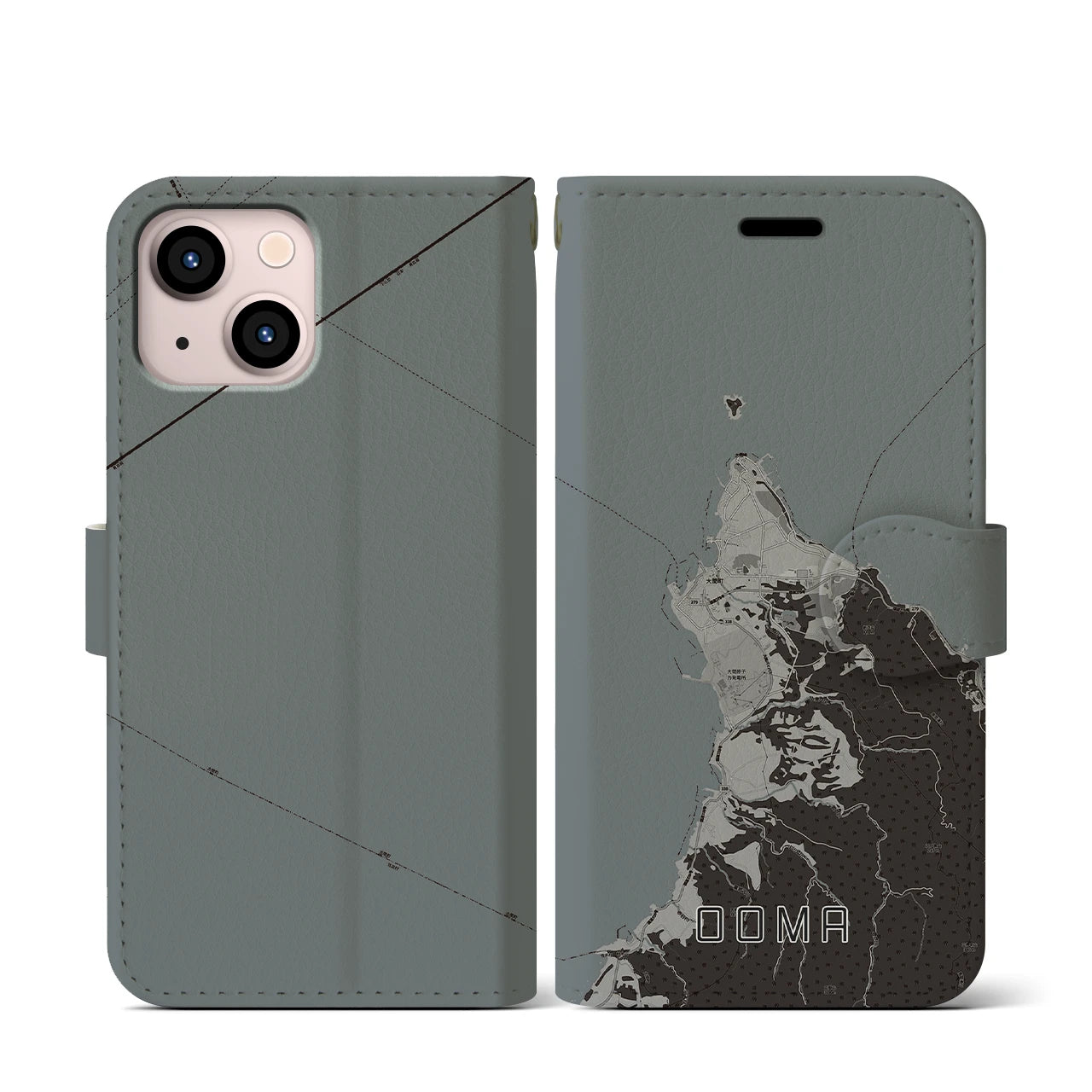 【大間(青森県)】地図柄iPhoneケース(手帳タイプ)モノトーン・iPhone 13 mini 用