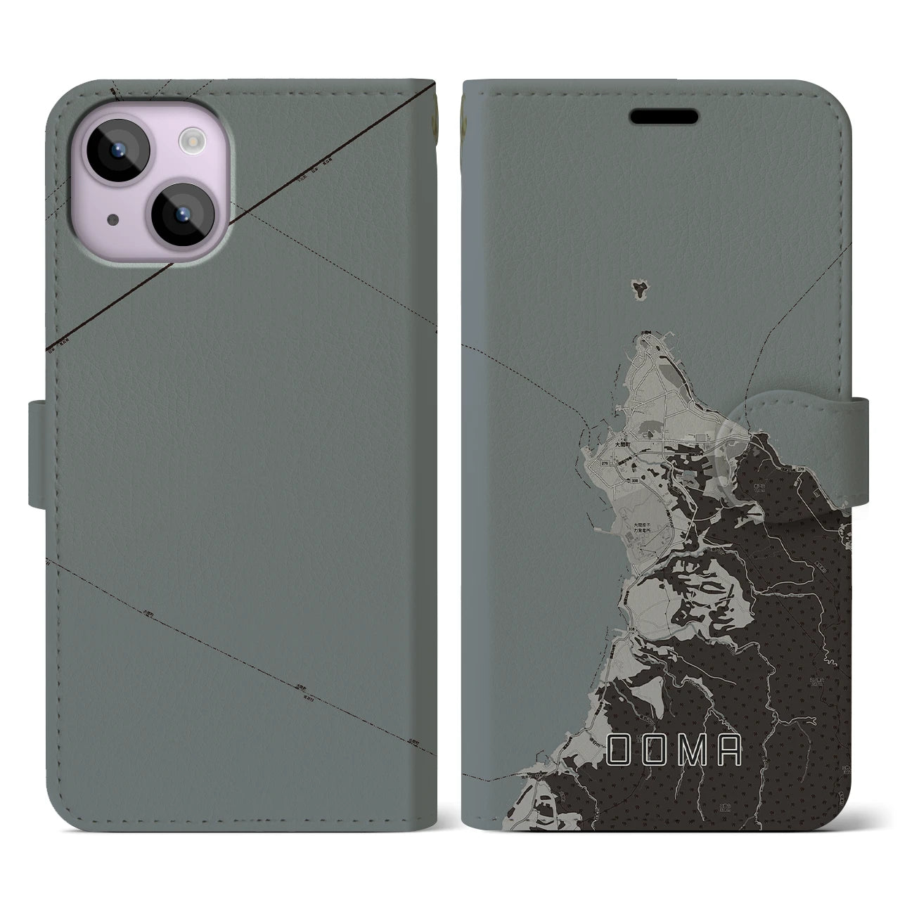 【大間(青森県)】地図柄iPhoneケース(手帳タイプ)モノトーン・iPhone 14 用
