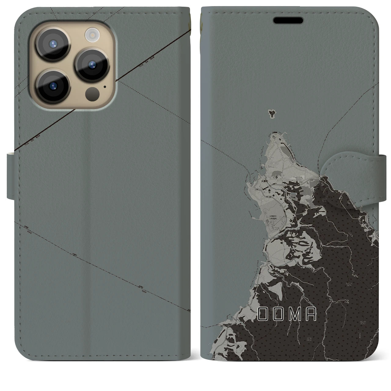 【大間(青森県)】地図柄iPhoneケース(手帳タイプ)モノトーン・iPhone 14 Pro Max 用