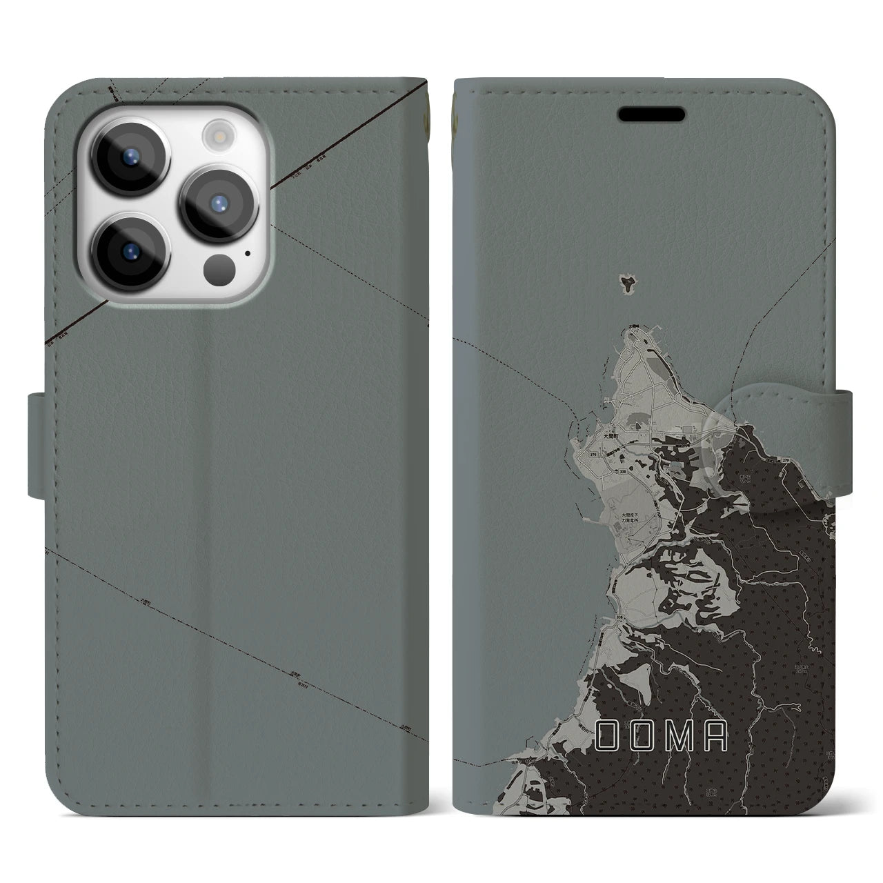【大間(青森県)】地図柄iPhoneケース(手帳タイプ)モノトーン・iPhone 14 Pro 用