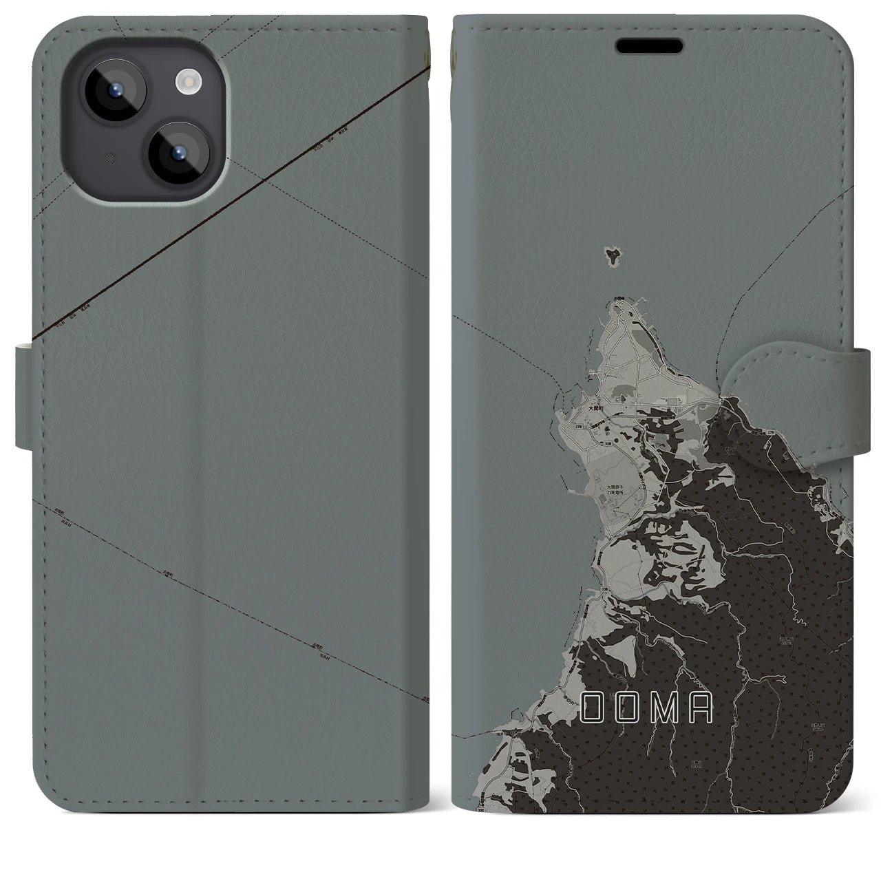 【大間(青森県)】地図柄iPhoneケース(手帳タイプ)モノトーン・iPhone 14 Plus 用