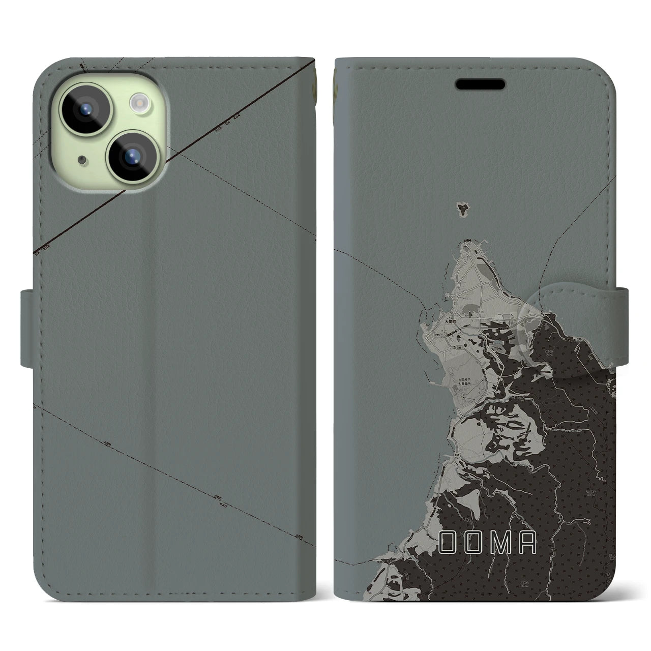【大間(青森県)】地図柄iPhoneケース(手帳タイプ)モノトーン・iPhone 15 用