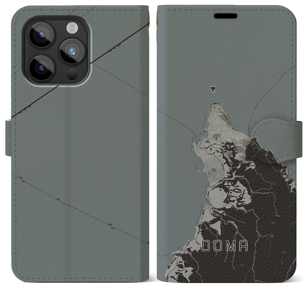 【大間(青森県)】地図柄iPhoneケース(手帳タイプ)モノトーン・iPhone 15 Pro Max 用