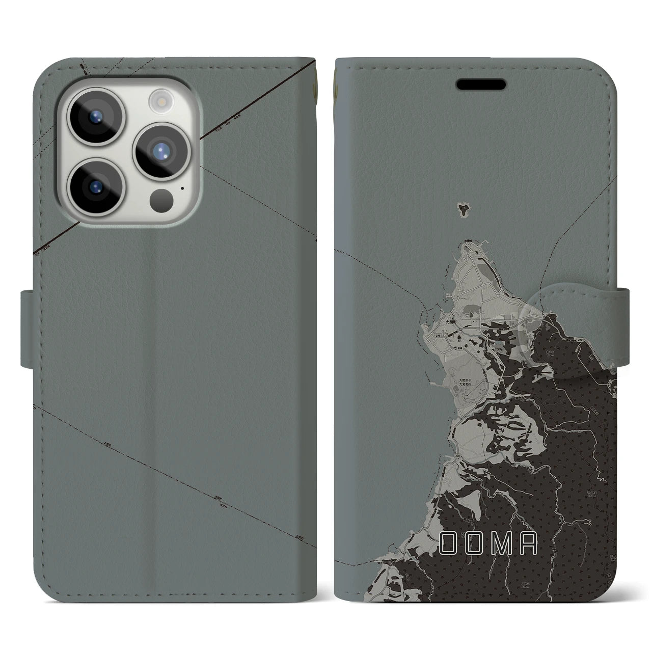 【大間(青森県)】地図柄iPhoneケース(手帳タイプ)モノトーン・iPhone 15 Pro 用