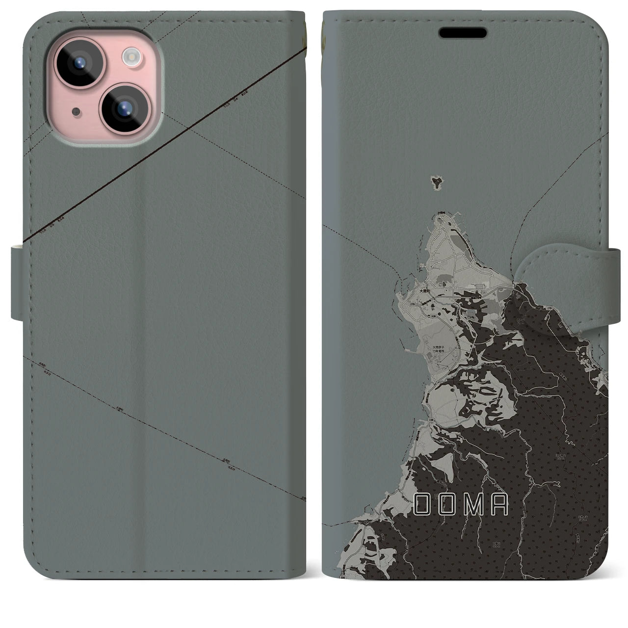 【大間(青森県)】地図柄iPhoneケース(手帳タイプ)モノトーン・iPhone 15 Plus 用
