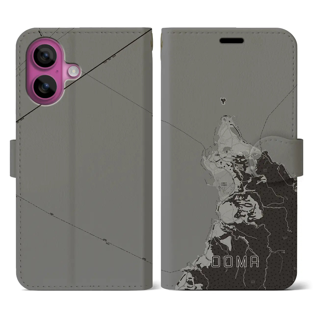 【大間(青森県)】地図柄iPhoneケース(手帳タイプ)モノトーン・iPhone 16 Pro 用