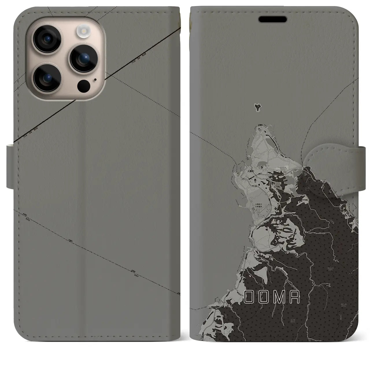 【大間(青森県)】地図柄iPhoneケース(手帳タイプ)モノトーン・iPhone 16 Plus 用