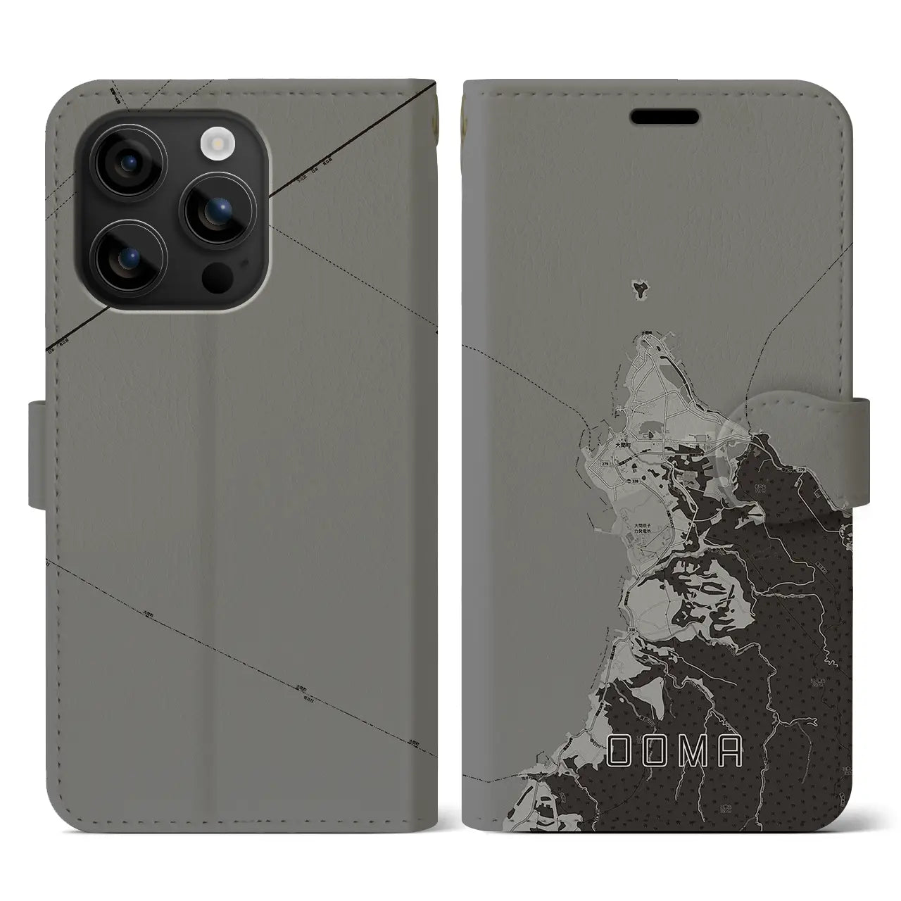 【大間(青森県)】地図柄iPhoneケース(手帳タイプ)モノトーン・iPhone 16 用