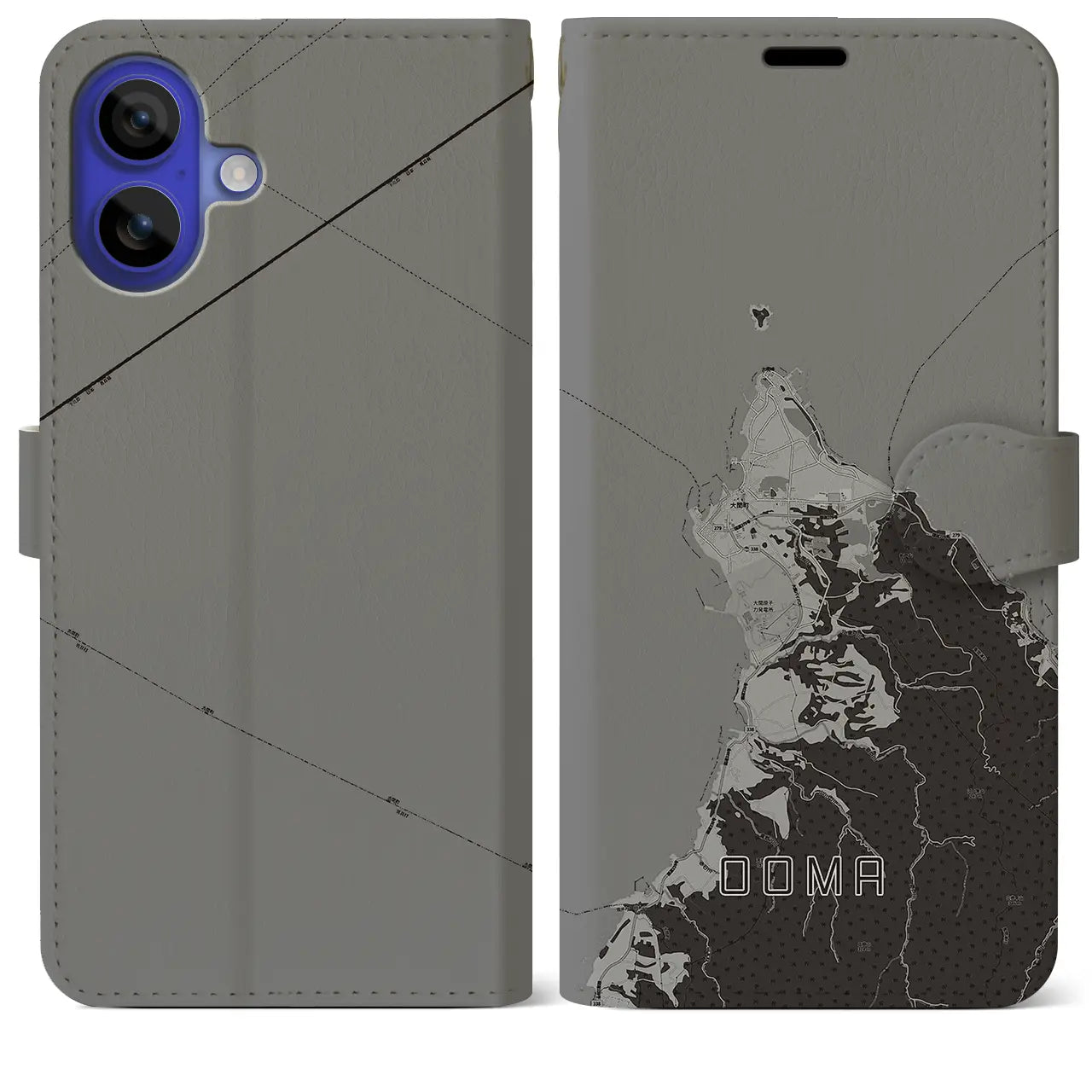 【大間(青森県)】地図柄iPhoneケース(手帳タイプ)モノトーン・iPhone 16 Pro Max 用